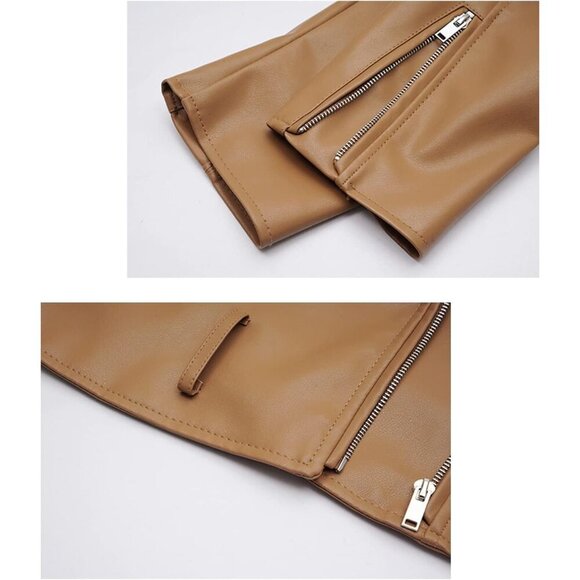 Women's Brown 1 Faux Leather Lapel Collar Zip Up Long Sleeve Short Coat Jacket - Picture 4 of 6